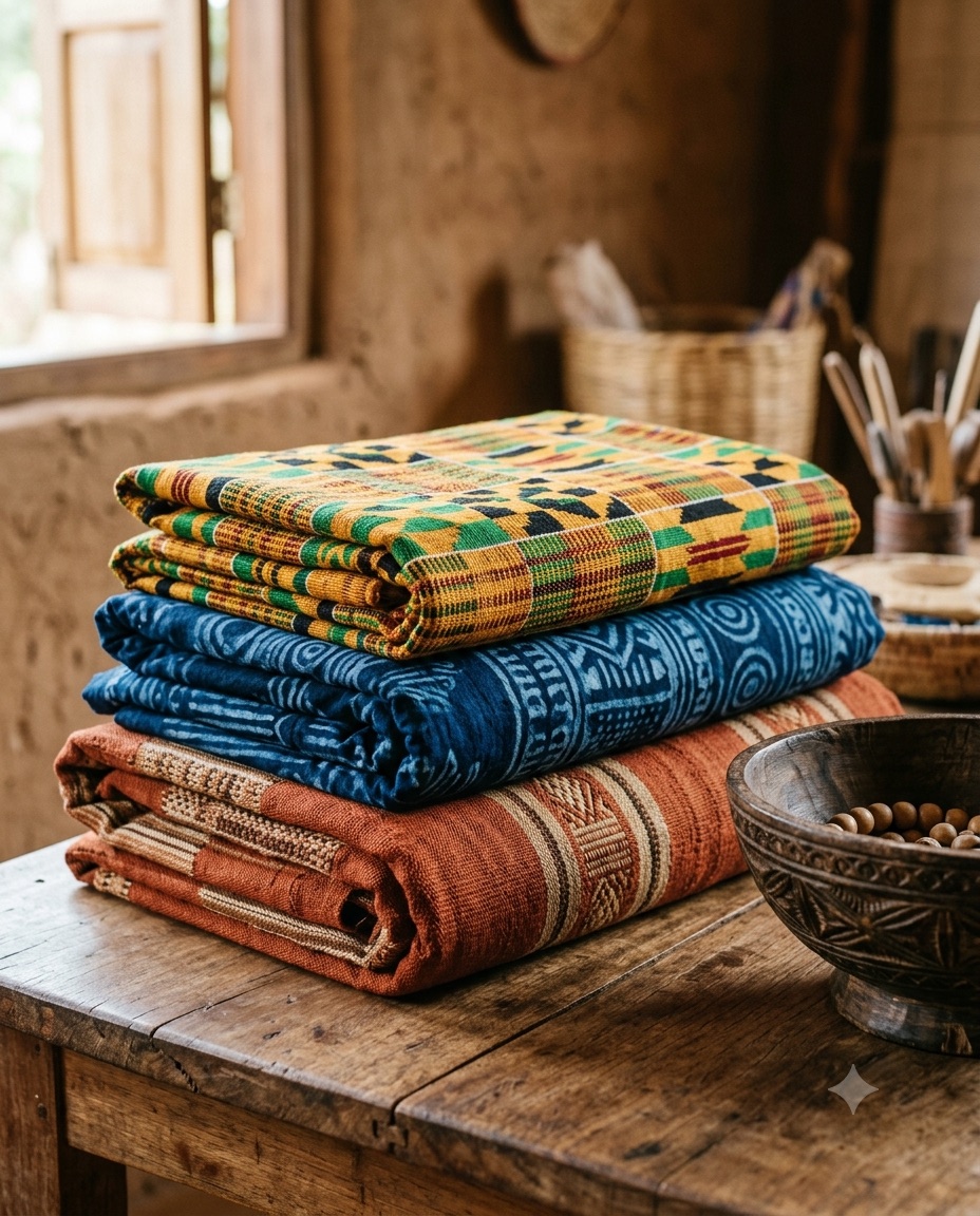 Folded handwoven West African textiles