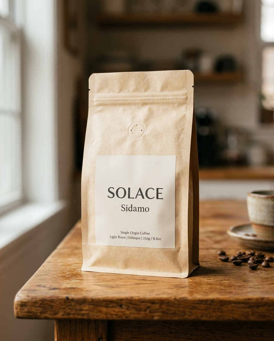 Solace Sidamo single-origin coffee bag on a wooden counter